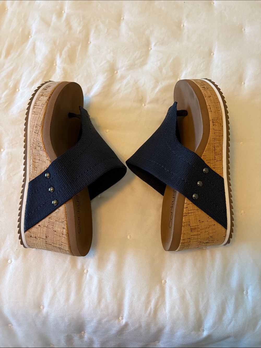 Corkys Navy Fabric Wedge Slide Sandals - Picture 5 of 7